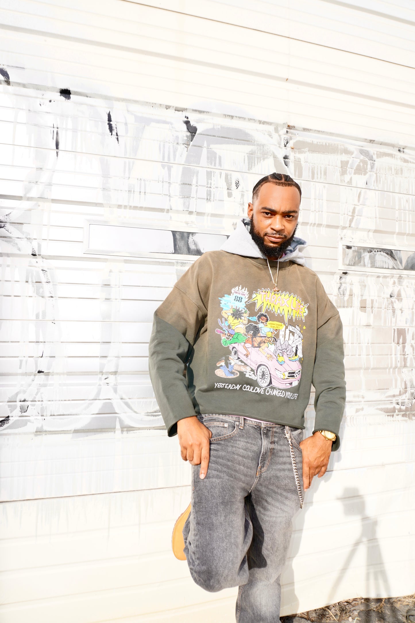 C.Y.L TWO TONE DISTRESSED HOODIE (OLIVE)