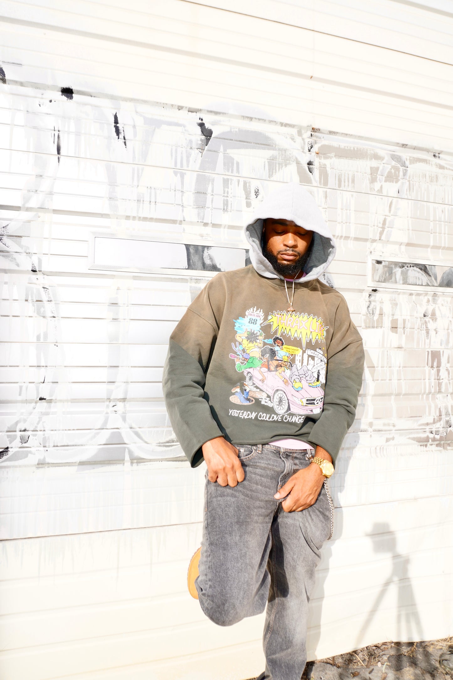 C.Y.L TWO TONE DISTRESSED HOODIE (OLIVE)